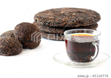 Strong Brewed Black Pu Erh Tea In Glass Cup. 65120778