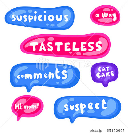 Set of stickers on different shapes. Collection of vector multicolored glossy stickers on white background. Teens millenials culture. Cool expression, slang, comics, gaming style, web, speech bubbles 65120995