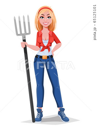 Happy smiling farm girl holding pitchfork Happy smiling farm girl holding pitchfork 65125101