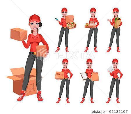 Happy Courier Woman Set Of Seven Posesのイラスト素材