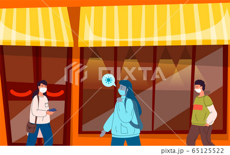 Infected virus woman in medical mask walking at safe distance of people near cafe outdoors 65125522
