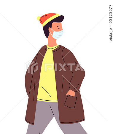 Vector portrait of young man wearing medical mask looking back, afraid of viral pandemia, protection Vector portrait of young man wearing medical mask looking back, afraid of viral pandemia, protection 65125677