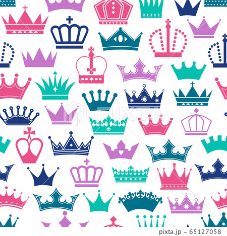 Retro seamless pattern of colors crowns on white background. Surface seamless print of royal. Retro seamless pattern of colors crowns on white background. Surface seamless print of royal. 65127058