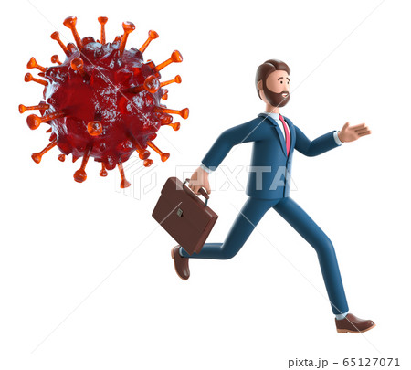 Businessman running away from the huge coronavirus bacteria. 3D illustration of cute cartoon man.  65127071