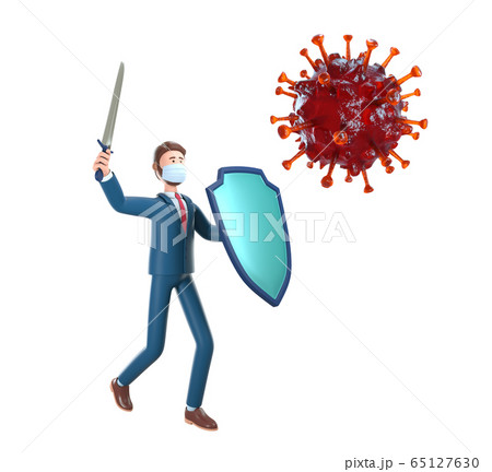 Businessman with knight shield and sword fighting Coronavirus bacteria. 3D illustration. 65127630