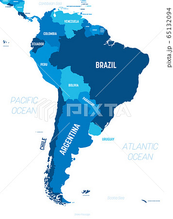 South America map - green hue colored on dark background. High detailed political map South American continent with country, capital, ocean and sea names labeling 65132094