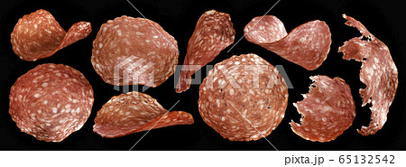 Sliced salami sausage collection on black background Sliced salami sausage collection on black background 65132542