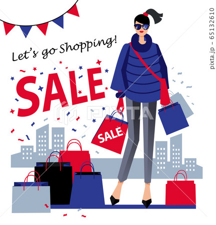 Illustration of a girl with shopping bag with the word Sale on city landscape. Illustration of a girl with shopping bag with the word Sale on city landscape. 65132610