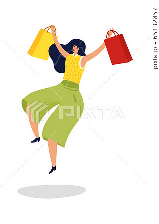 Jumping woman. Happy excited woman with shopping bags in supermarket isolated vector illustration 65132857