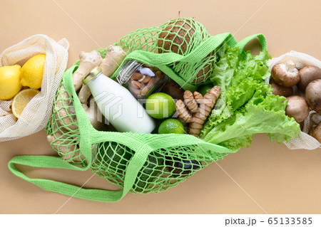 Zero waste concept. Healthy vegan goods, mesh bag, 65133585