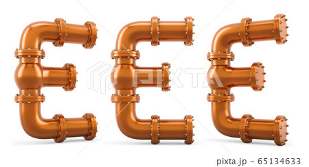 Letter E from copper pipes, 3D rendering 65134633