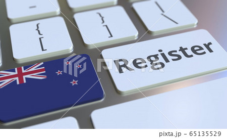 Register text and flag of New Zealand on the keyboard. Online services related 3D rendering Register text and flag of New Zealand on the keyboard. Online services related 3D rendering 65135529