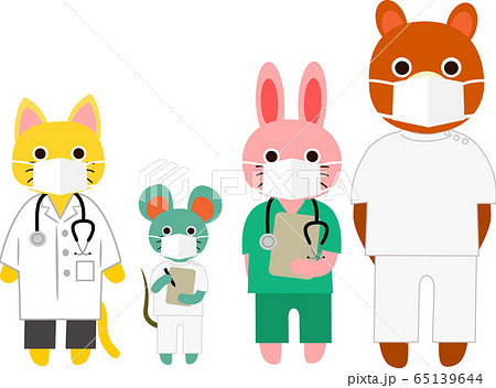 マスクを着けた動物たち 病院スタッフ 医療従事者 お医者さん 看護師のイラスト素材