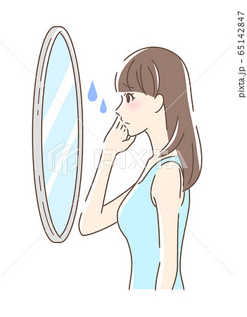 不安な表情で鏡を見る女性のイラスト素材 不安な表情で鏡を見る女性のイラスト素材