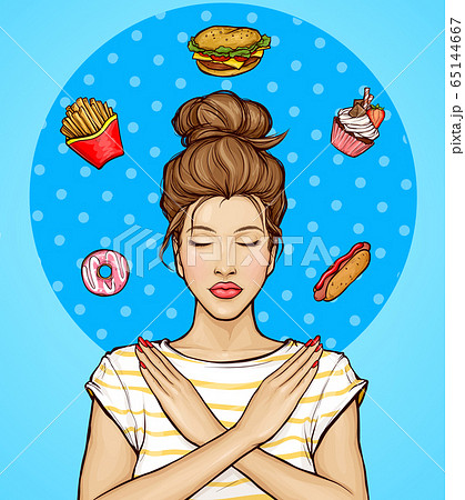 Woman refusing from fast food and sweets Woman refusing from fast food and sweets 65144667