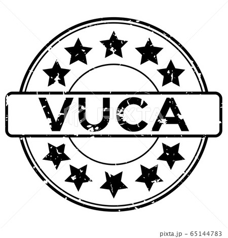 Grunge black vuca (abbreviation of Volatility, uncertainty, complexity and ambiguity) word with star icon round rubber seal stamp on white background 65144783