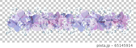 Decorative Floral border with purple flowers with buds and small light blue  florets on white background. Stock Vector