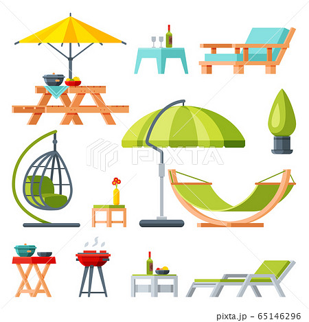 Modern Garden Furniture Collection, Table, Sunshade Umbrella, Hammock, Comfortable Lounger, Barbecue Grill Flat Vector Illustration Modern Garden Furniture Collection, Table, Sunshade Umbrella, Hammock, Comfortable Lounger, Barbecue Grill Flat Vector Illustration 65146296