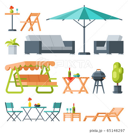 Modern Garden Furniture Collection, Table, Sunshade Umbrella, Swing Bench, Lounger, Barbecue Grill Flat Vector Illustration Modern Garden Furniture Collection, Table, Sunshade Umbrella, Swing Bench, Lounger, Barbecue Grill Flat Vector Illustration 65146297