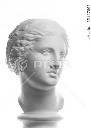 Gypsum copy of ancient statue Venus head isolated on white background. Plaster sculpture woman face. 65147865