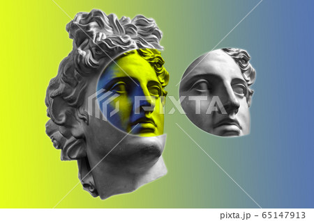 Collage with plaster antique sculpture of human face in a pop art style. Creative concept colorful neon image with ancient statue head. Cyberpunk, webpunk and surreal style poster. 65147913