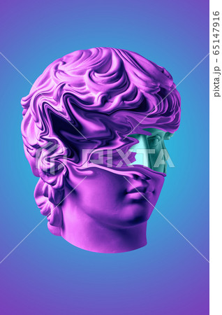 Collage with plaster antique sculpture of human face in a pop art style. Creative concept colorful neon image with ancient statue head. Cyberpunk, webpunk and surreal style poster. Collage with plaster antique sculpture of human face in a pop art style. Creative concept colorful neon image with ancient statue head. Cyberpunk, webpunk and surreal style poster. 65147916
