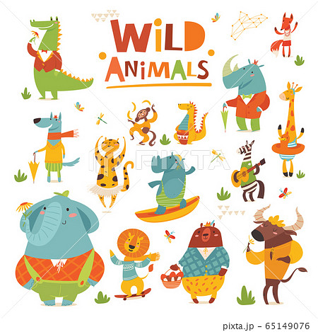 Vector cartoon Wild animals funny characters in flat style 65149076