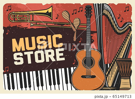 Folk music instruments store, retro poster 65149713