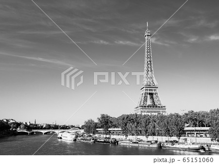 世界遺産　パリのセーヌ河岸　エッフェル塔　モノクロ 65151060