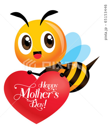 Happy Mother's Day. Cartoon cute bee carrying a red LOVE heart signboard with greeting lettering - vector character 65153446