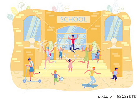 Happy Children Celebrating School Year End Flat. Happy Children Celebrating School Year End Flat. 65153989