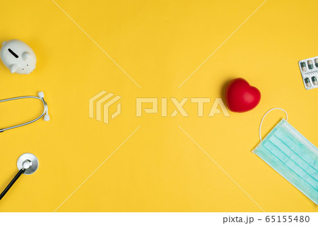 World health day concept Healthcare medical insurance with red heart, stethoscope, mask and medicine World health day concept Healthcare medical insurance with red heart, stethoscope, mask and medicine 65155480