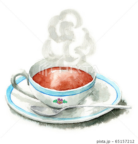水彩で描いたティーカップに注がれた紅茶のイラスト素材