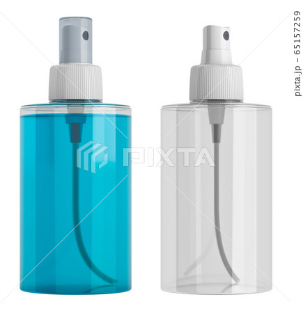 Plastic spray transparent bottle with blue liquid 65157259