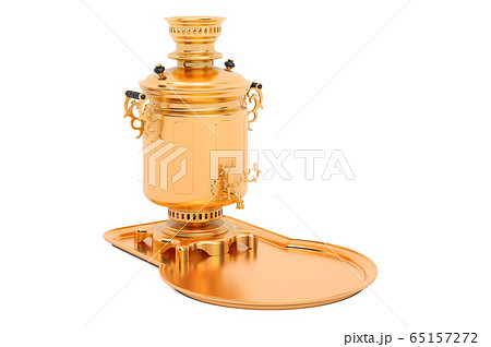 Brass Samovar on a tray, 3D rendering 65157272