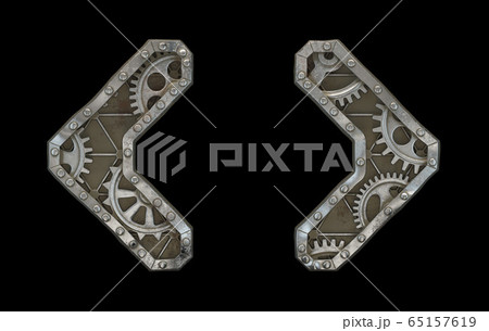 Mechanical alphabet made from rivet metal with gears on black background. Set of symbol left and right angle bracket. 3D Mechanical alphabet made from rivet metal with gears on black background. Set of symbol left and right angle bracket. 3D 65157619