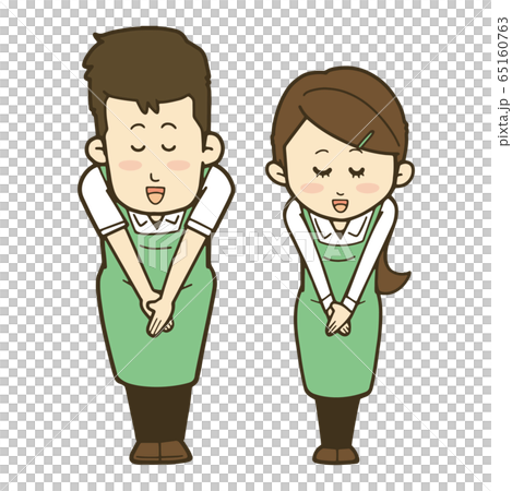 笑顔でお辞儀をするエプロン姿の男性と女性のイラストセット 65160763