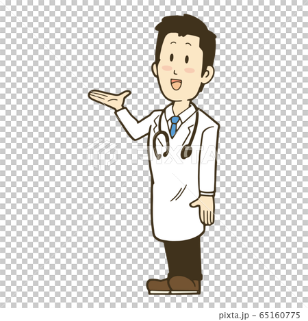 笑顔で案内する白衣の男性のイラスト 聴診器のイラスト素材