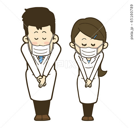 笑顔でお辞儀をするマスク 白衣の男性と女性のイラストセットのイラスト素材
