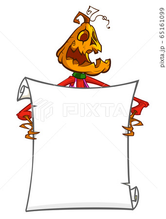 Cartoon jack o lantern pumpkin head holding blank empty scroll paper for text. Halloween illustration 65161099