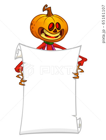 Cartoon jack o lantern pumpkin head holding blank empty scroll paper for text. Halloween illustration 65161107