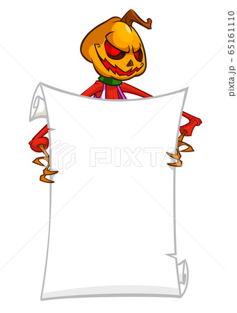 Cartoon jack o lantern pumpkin head holding blank empty scroll paper for text. Halloween illustration Cartoon jack o lantern pumpkin head holding blank empty scroll paper for text. Halloween illustration 65161110