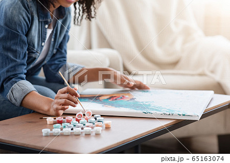Quarantine Hobbies. Unrecognizable African Woman Drawing Picture On Canvas At Home 65163074