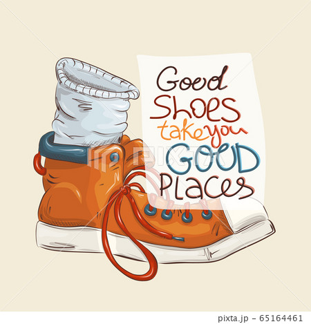 Good shoes take you good places - color flat hand drawn vector illustration of vacation time. 65164461