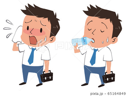 イラスト素材: 水を飲むビジネスマンと太陽　熱中症対策 65164849