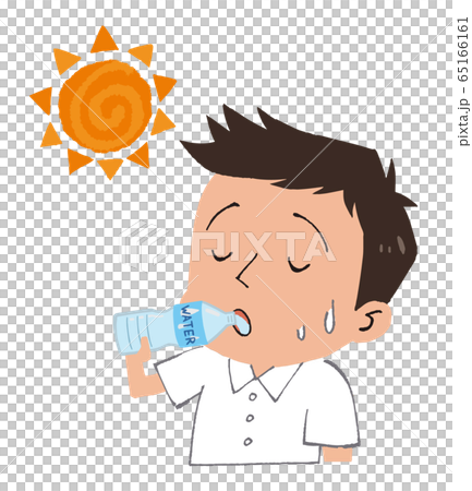 Stock illustration: men drinking water and sun heat stroke measures 65166161