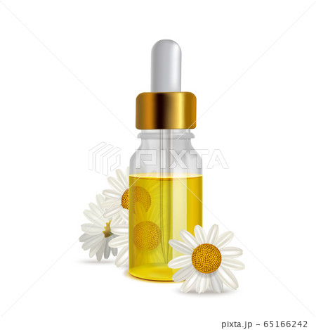 Chamomile Oil Bottle with Flowers in Realistic Style Chamomile Oil Bottle with Flowers in Realistic Style 65166242