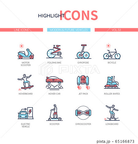 Modern and future vehicles - line design style icons set 65166873