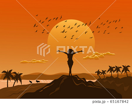 Silhouette woman stood up and showed his hands on the top of the mountain happily. There are sea, mountains,birds and sunset background Silhouette woman stood up and showed his hands on the top of the mountain happily. There are sea, mountains,birds and sunset background 65167842