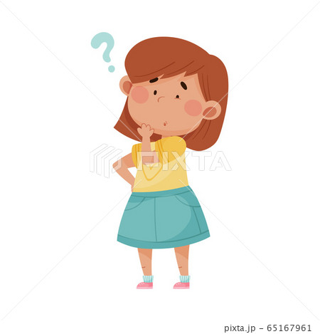 Girl Wearing Blue Skirt Touching Her Chin のイラスト素材